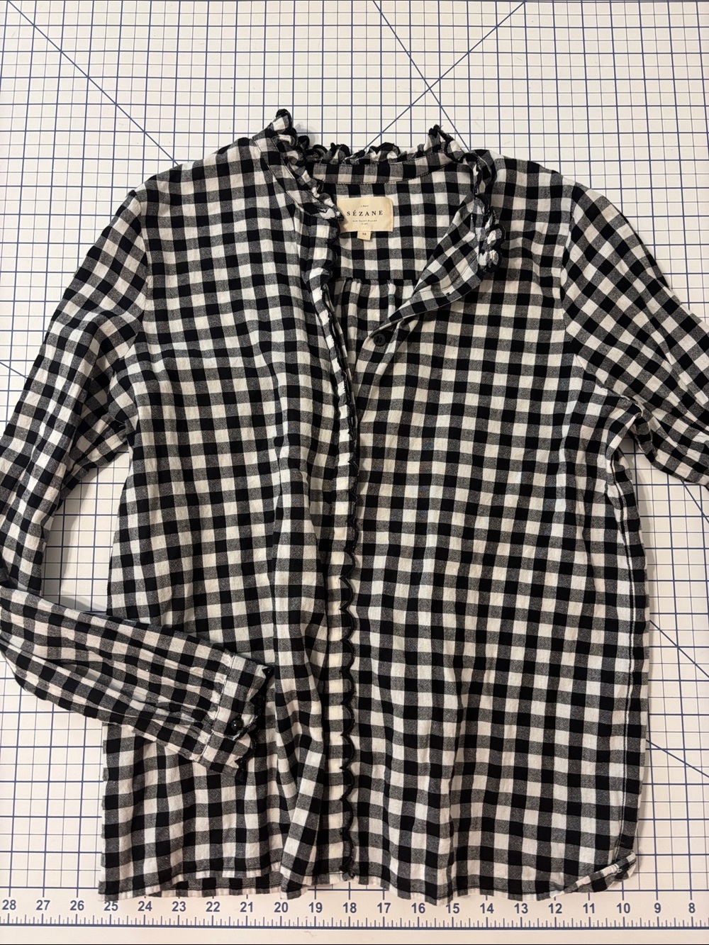 Sezane Black & White Gingham Ruffle Collar Button-Up Shirt